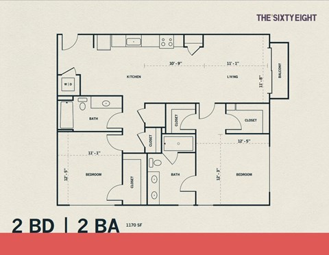 Floor plan for 2 beds, 2 baths, 1170 sqft